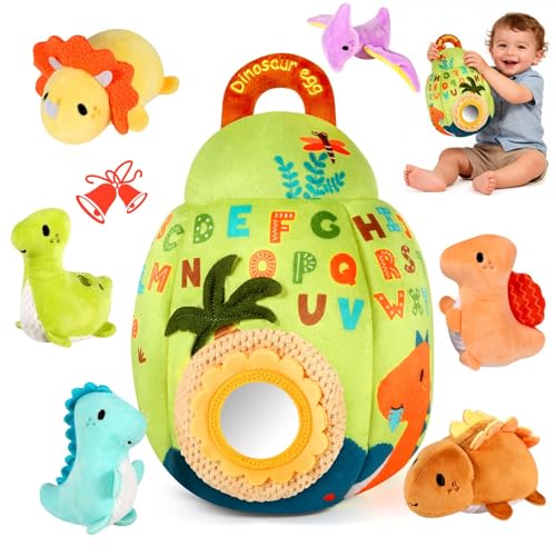Image of FREYBLI Baby Toys 6-12 Months - Soft Dinosaur Egg Toy with Rattle, Crinkle Paper, Squeaker, Mirror - Montessori Toys for 6 Month Old Developmental, Boy Girl Gifts Baby Easter Basket Stuffers