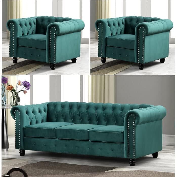 Image of 3 +1 +1 Seater Luxary Velvet Tuffted Round Arm Designed Sofa Set for Living Room, Hallways, Offices, Bedroom (Green)