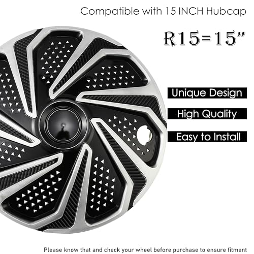 Image of Grid Black with Silver Hubcap Wheel Cover Replacement Kit 15 inch Hub Caps Wheel Rim Cover Car Exterior Accessories Pack of 4, 15 inches