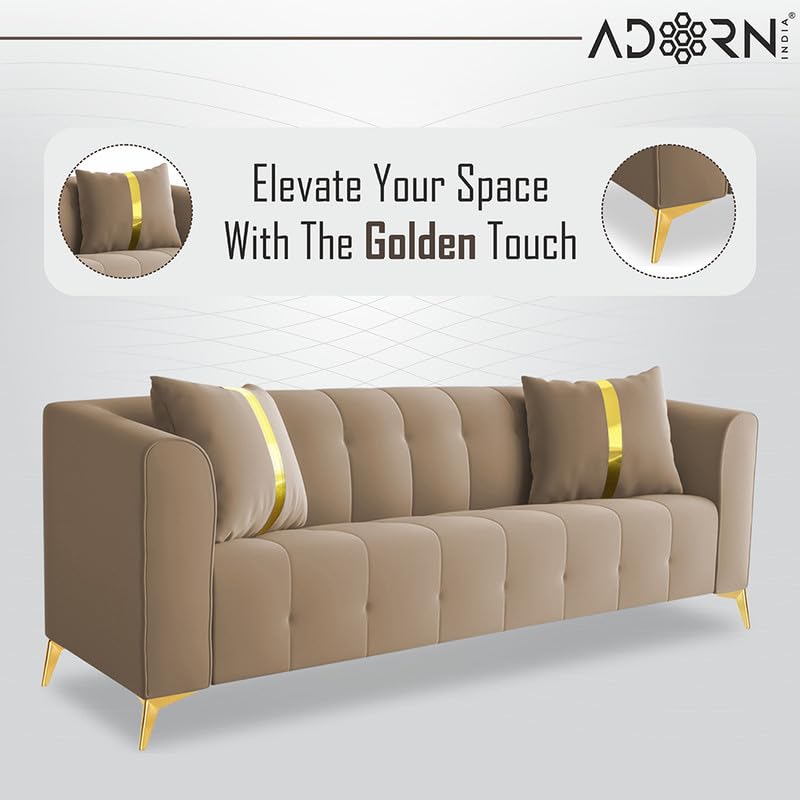 Image of Adorn India Premium Mystic - 3 Years Warranty - 3+1+1 Sofa Set Velvet Suede Fabric - Beige
