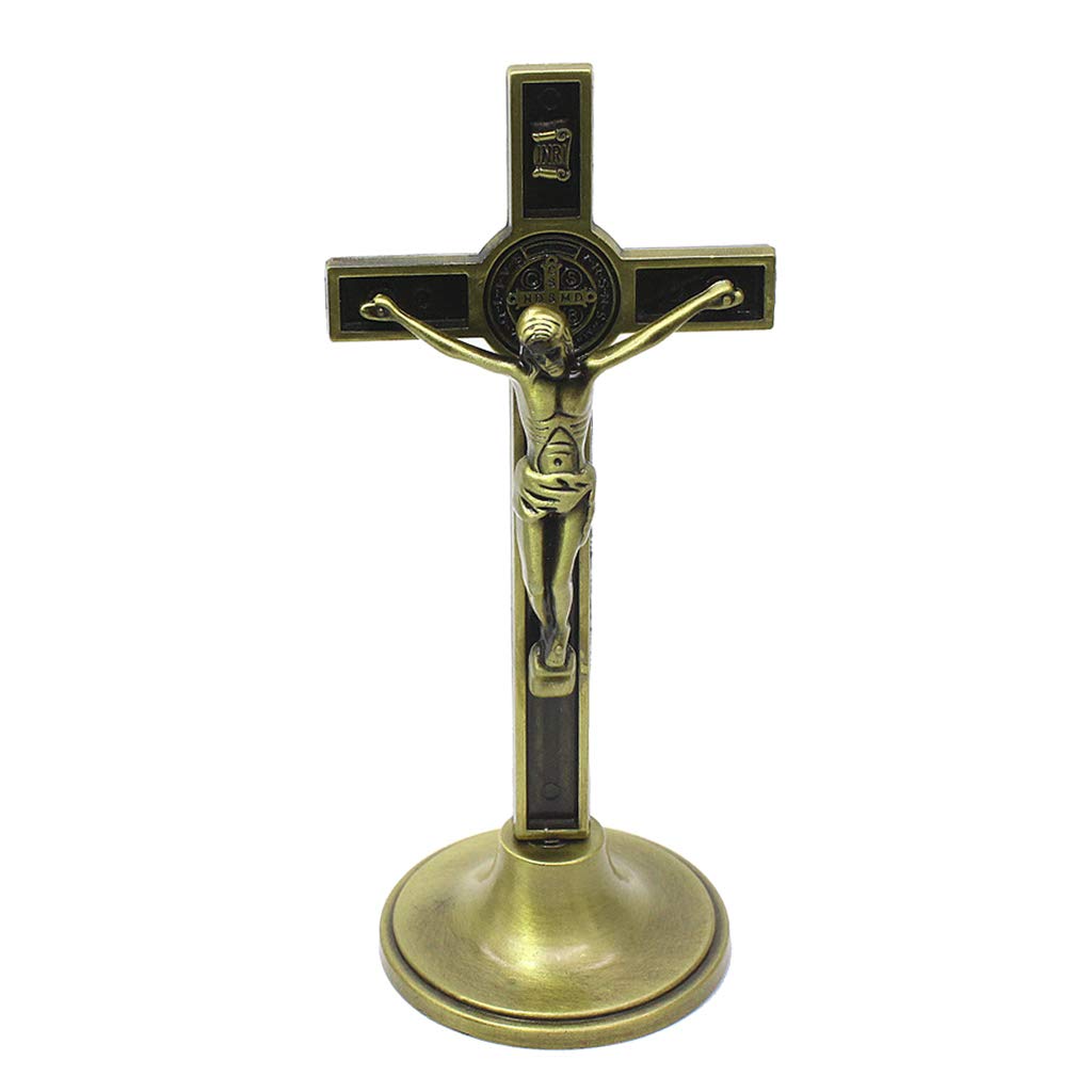 Fatteryu Ancient Bronze Cross Crucifix Christ Catholic Jesus Religious Church Decoration Stand Wall Antique Home Chapel Decor