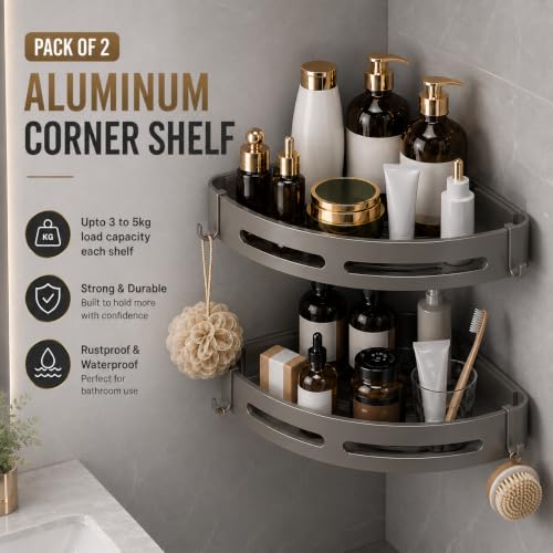 Image of Hallstatt Pack of 2, Self Adhesive Aluminum Corner Bathroom Shelf for Wall Shelf Organizer Bathrooms Shelves Rack Holder Stand for Bathroom Accessories Organiser Without Drill and with Drill Option