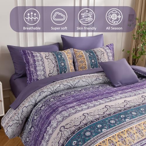 Image of Cottolester Boho King Size Comforter Set 8 Pieces, Violet Bohemian Striped Bed in a Bag, Paisley Soft Microfiber Bedding Comforter Set