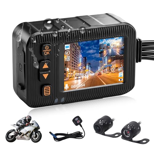 GOHHDLCámara para Moto, Cámara Impermeable para Moto con Delantera y Trasera, con Pantalla HD de 2 Pulgadas, Visión Nocturna, Sensor G, Grabación en Bucle con Doble Lente, Cámara de salpicadero DVR