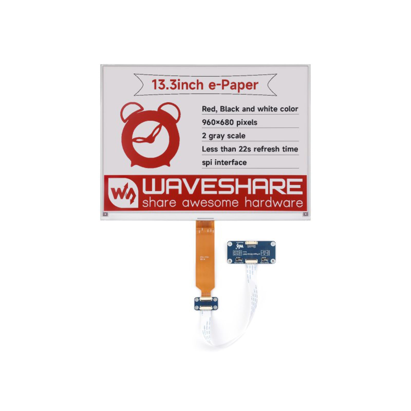 TUOPUONE Wyświetlacz e-papieru 33.8 cm (B) wyświetlacz E-Ink 960 × 680 pikseli czerwony/czarny/biały komunikacja SPI częściowe wsparcie odświeżania w zestawie E-Paper Driver HAT
