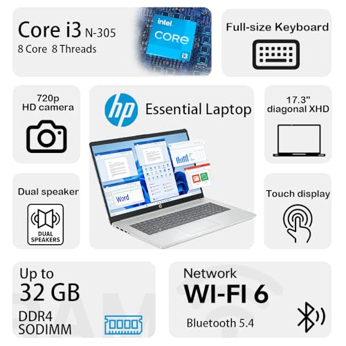 Image of HP 17.3'' Touchscreen Laptop Computer-Windows 11 for Business & Home Use, 8-Cores Intel i3-N305, 8GB RAM, 128GB eMMC, 720 HD Webcam, HDMI, Num Pad, Wi-Fi 6,