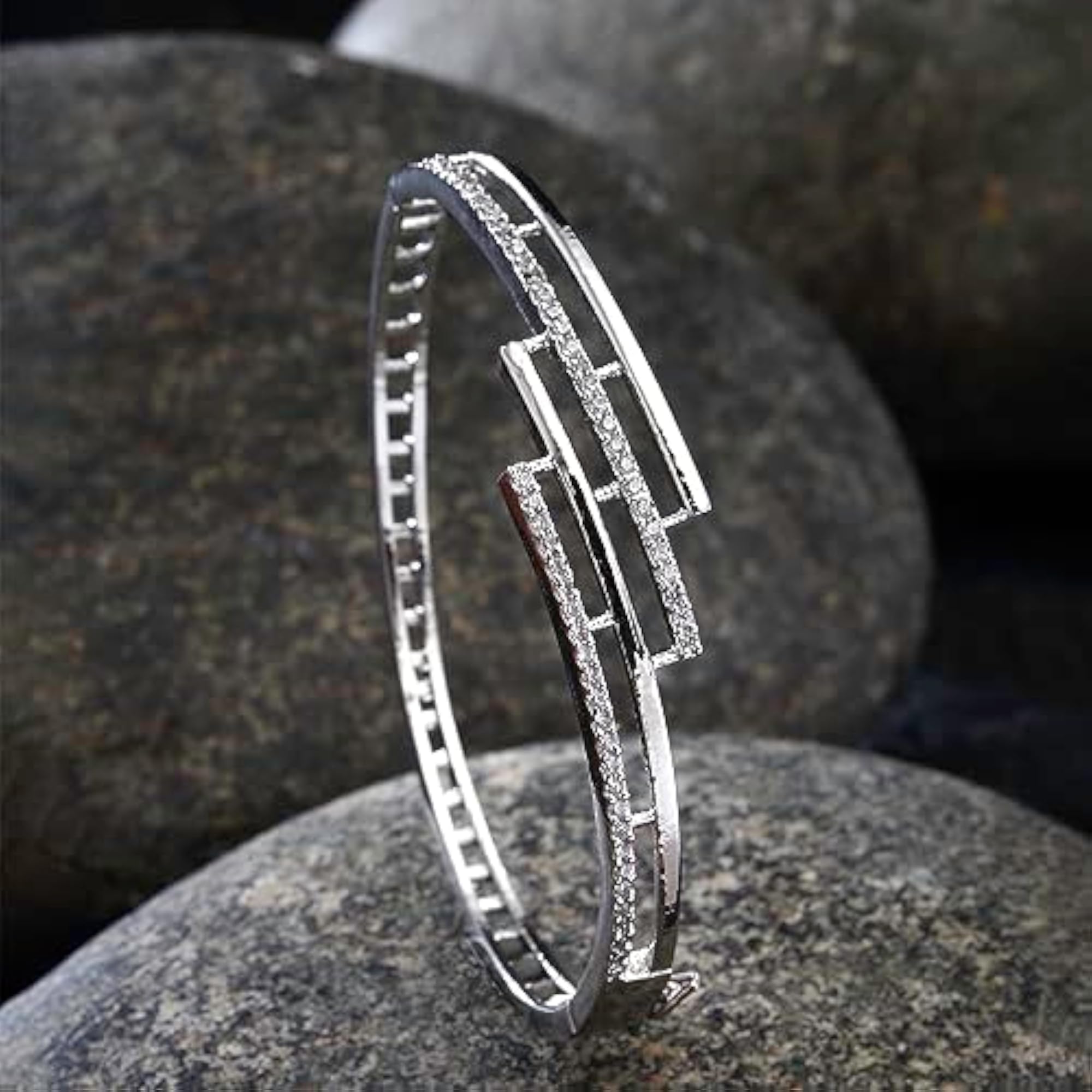 Rhodium-Plated American Diamond Studded Kada Bracelet (Design1)