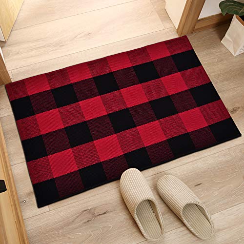 Area Rug Classic Plaid Runner Rugs Hand Woven Stain Resistant Collection Area Rug Indoor Outdoor Floor Mat For Kitchen Entryway Bathroom Laundry Living Room Carpet (Red And Black, 23.6 × 35.4 Inches) #TOP1