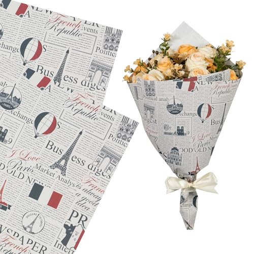 WRAPAHOLIC 10 Sheets Vintage Paris Kraft Flower Wrapping Paper - 18 x 18 inch Retro French Travel Newspaper Bouquet Wrapping Paper Florist Supplies Packaging for Birthday Wedding Gift DIY