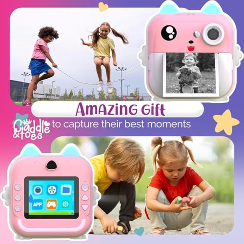Image of CADDLE & TOES Instant Print Camera for Kids - 1080P HD, 48MP, SD Card, Bluetooth, Free App, 3 Rolls Print Paper, Stickers, Fun Filters, Gift for Kids (Pink with Printer ROLL Set)