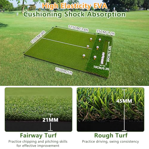 TTCB Sports Golf Hitting Mat with Dual Turf & Ball Tray, 5x4FT Golf Practice Mat for Indoor Outdoor Garden, Golf Driving Mats for Training Includes 9 Balls & 9 Tees, Gifts for Men/Golfer - Image 2