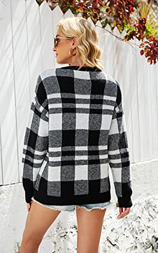 Ecowish Women Pullover Sweater Round Neck Plaid Long Sleeve Loose Casual Oversized Knitted Winter Sweaters Jumper Tops 181Black Large #TOP4