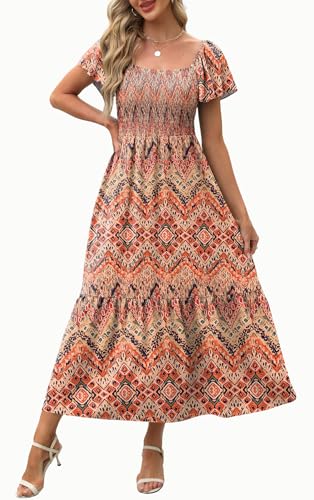 Image of OFEEFAN Summer Dresses for Women Square Neck Ruffle Sleeve Smocked Maxi Dress with Pockets