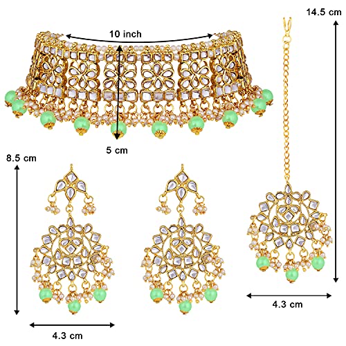 Image of Aheli Elegant Indian Faux Kundan Studded Choker Necklace with Maang Tikka Set Ethnic Wedding Wear Bharatanatyam jewellery set Gift for Women