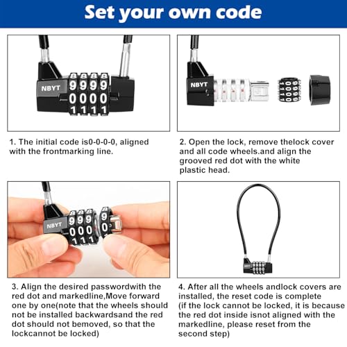 Image of Cable Locks with Combination,Steel Cable Rope Wire 4-Digit Combination Lock with Resettable Code for Bikes, Lockers, File Cabinets, Wardrobes, Small Fences,gate Lock, Pool Padlock.