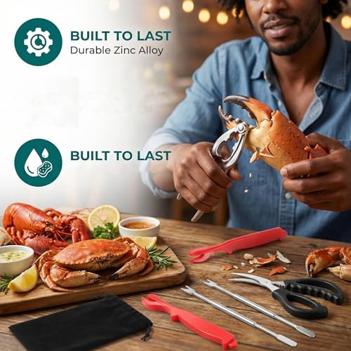 Lydnvjx 8 Pcs Seafood Tool Set,Crab Crackers and Tools,Crab Leg Cracker Tool,2 Crab Leg Crackers, 2 Stainless Steel Crab Forks, 2 Lobster Shellers, 2 Crab Scissors and 1 Storage Bag - Thumbnail 4