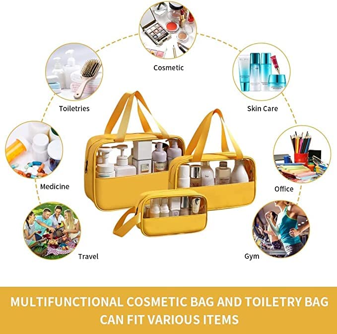 Image of Waterproof Toiletry Bag for Men and Women Travel Toiletry Bag Transparent Makeup Bag Hanging Cosmetic Organizer Bag (Set of 3 Bag) (Yellow)