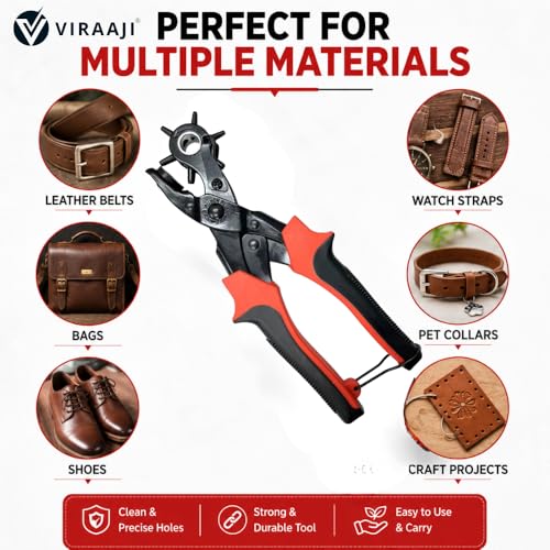Image of Rotary Leather Belt Hole Puncher Pliers, Belt Punching Machine With 6 Sizes Heavy Duty Belt Hole Machine for Straps Crafts Adjustable Steel Head Comfortable Grip