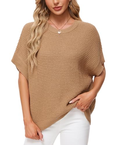 Image of MINTLIMIT Womens Batwing Short Sleeve Sweaters Loose Oversized Waffle Knit Pullover Sweater Top