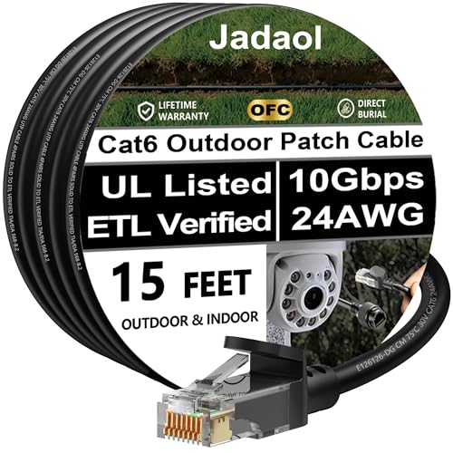 Jadaol Cat 6 Ethernet Cable 15ft, Outdoor&Indoor, 10Gbps Support Cat8/7 Network, 24AWG Pure Copper Patch LAN Cord, Direct Burial Waterproof In-Ground UV Resistant for Router, Modem, Switch, POE, Black