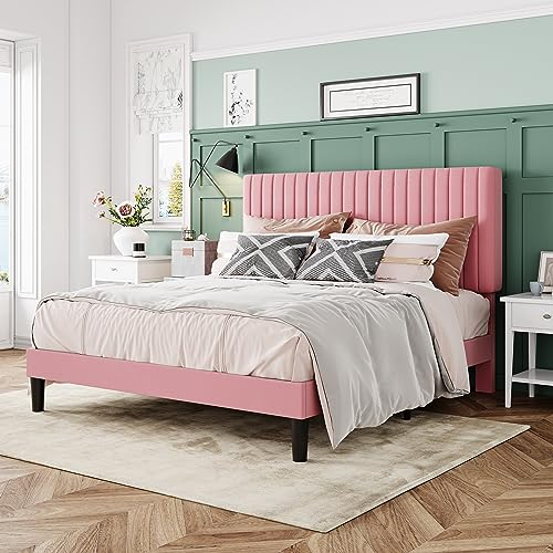 Image of Allewie Queen Bed Frame, Velvet Upholstered Platform Bed with Adjustable Vertical Channel Tufted Headboard, Mattress Foundation with Strong Wooden Slats, Box Spring Optional, Easy Assembly, Pink