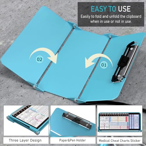 Image of Nursing Clipboard Foldable, Foldable Clipboard w /Nursing Edition Cheat Charts,3 Layers Aluminum, Nurse Clipboard w /Low Profile Clip&Pen Clip Pocket for Students, Nurses and Doctors, Blue