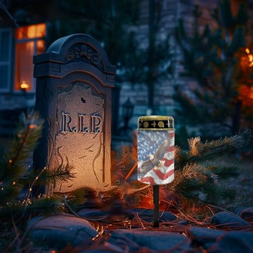Image of USA Flag Eagle Light for Prayer Cemetery Solar Lights for Grave Cemetery Patriotic Decoration Candle Lamp Eternal Lights for Graves Cemetery Memorial Gift 2 Pcs
