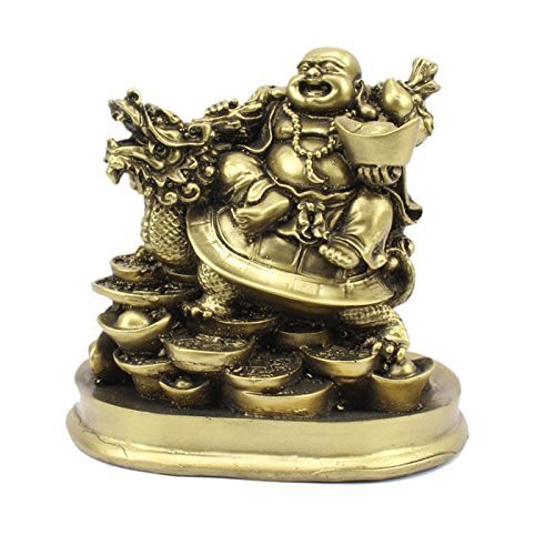 Petrichor Resin Feng Shui Laughing Buddha Riding on Dragon and Ingot – Golden Colour Decorative Showpiece for Home & Office (15 x 10.2 x 15 cm / 5 x 4 x 5 inches)