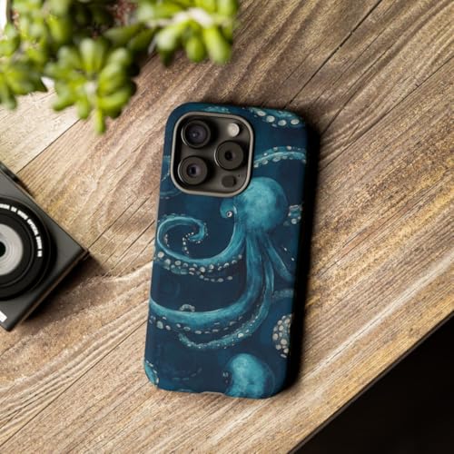 Coque iPhone 15 Pro tentacules de pieuvre bleue rigide mate