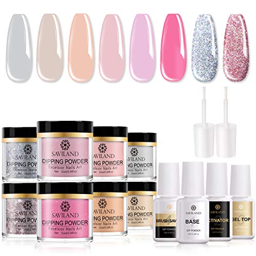 Saviland Dip Powder Nail Kit - Dipping Powder 8 Colors Acrylic Glitter Dip Powder Starter Kit with Nail Coat for French Nail Manicure Nail Art No UV/LED Nail Lamp Needed