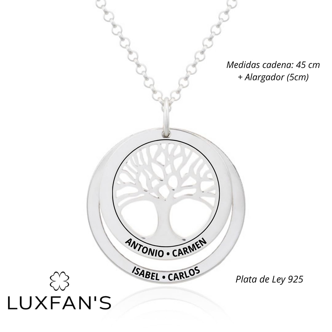 Collar Árbol de la Vida en Plata de Ley 925 personalizable. Cadena de 45cm. Regalo ideal madre abuela con nombres familia. Cumpleaños, Navidad. Hecho en España. (Collar Árbol de la Vida + 1 Aro)