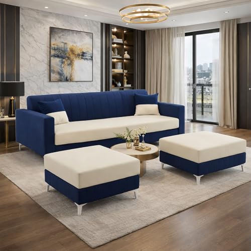 Image of Amelia 5 Seater L Shape Sofa Set with 2 Movable Ottomans | Flexible Layout | Rich Velvet Suede Fabric | Silver Legs | Spacious Soft Seating | Modern Sofa for Living Room (Dark Blue-Cream)