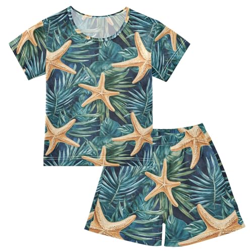 ALAZA Starfish Tropical Leaves Pajama Set Short Sleeve Sleepwear Soft Lounge Nightwear