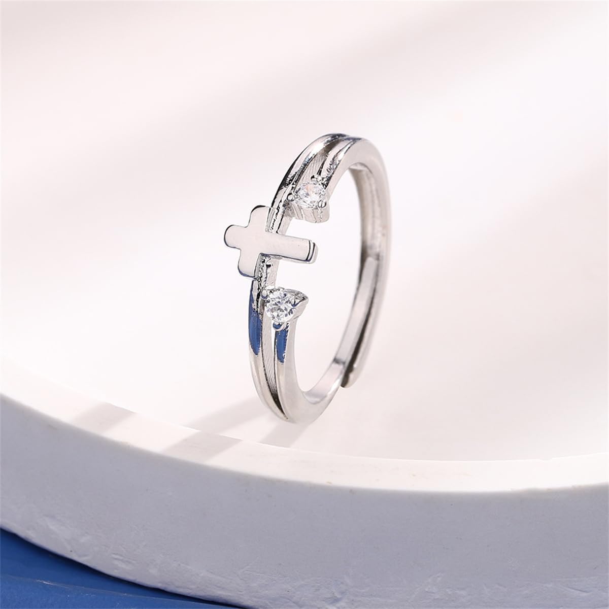 Hebelee Cubic Zirconia Cross Ring for Women Silver Plated Clear CZ Layered Adjustable Stackable Wrap Finger Rings Comfort Fit Minimalist Faith Engagement Jewelry - Image 4