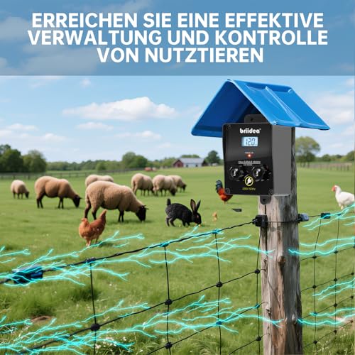 230V Weidezaungerät mit LCD-Anzeige, Briidea 12.000 V 3 Joule Elektrischer Zaunladegerät, 10 km Reichweite, Sicherer und Effektiver Tierschutz für Nutztiere, Garten und Weide