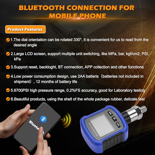 Image of 60mpa Digital Industrial Pressure Gauge,S281 0-10000psi 0.2% FS Accuracy Air Manometer 1 /4 Inch NPT Thread Digital Pressure Gauge 330Rotation with LED Light for Construction, Machinery