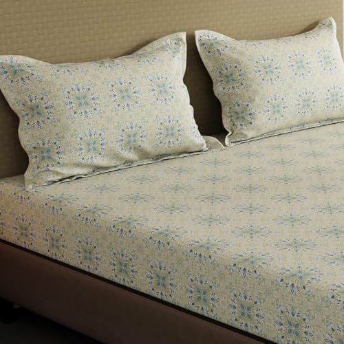 Image of Layers 100% Cotton Fitted Sheet for King Size Bed | Lumina Floret Collection | 144 TC Soft & Breathable | Printed with 2 Pillow Covers | Wrinkle Free & Colorfast | 3 Pc Bedding Set - Blue & Yellow