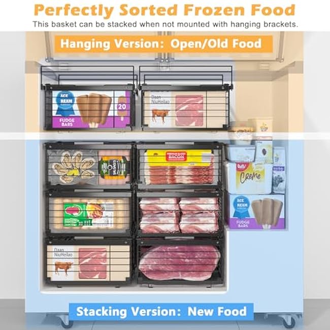 NADAMOO Hanging Chest Freezer Organizer Bins, 2 Pack Large Expandable Freezer Baskets for Chest Freezer, Metal Adjustable Storage Containers for Deep Freezer - Black