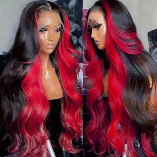 GAIWAC Red And Black Ombre 13x6 Highlight Lace Front Wigs Human Hair Skunk Strip 200 Density Red Burgundy Colored Wig Human Hair 13x6 HD Lace Frontal Wigs Human Hair Pre Plucked For Women 24 Inch