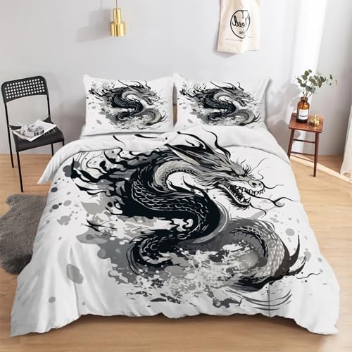 Housse de Couette 140x200 Dragon Noir Parure de Lit Japonais avec Fermeture Éclair, Housse Couette 1 Personne Imprimée Art en Microfibre avec 2 Taie d'oreiller 65x65 cm