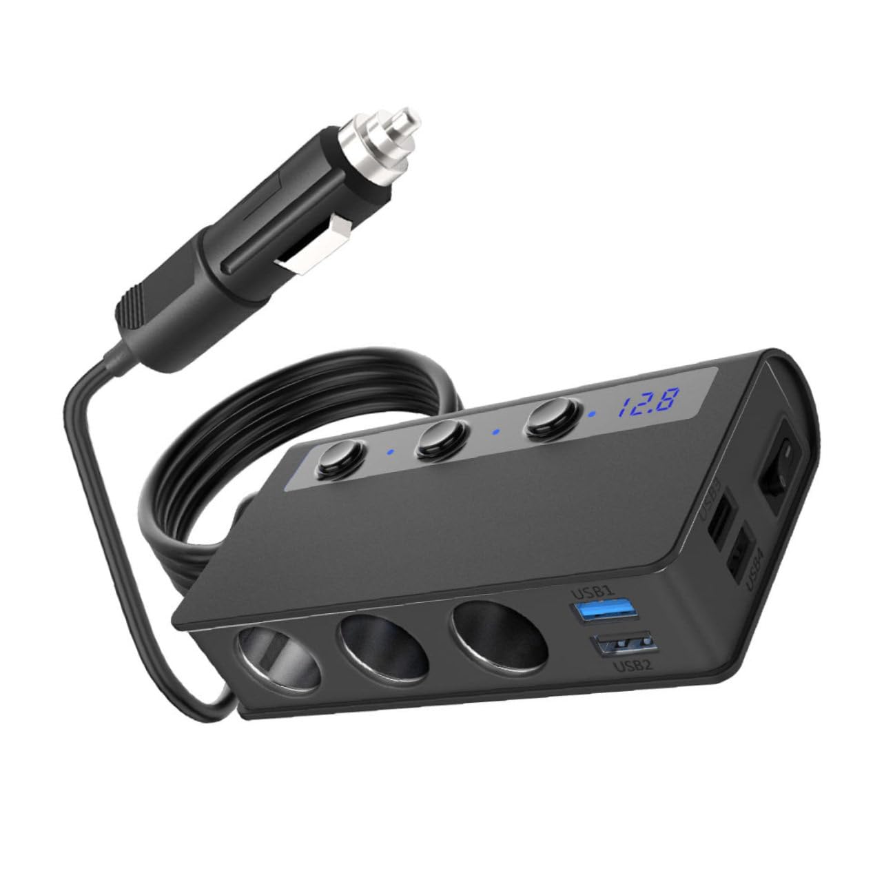 Caricatore per Auto Nero 180w 4 Porte USB e 3 Accendisigari, Ricarica Simultanea e Protezione Corto Circuito, Materiale PC Resistente