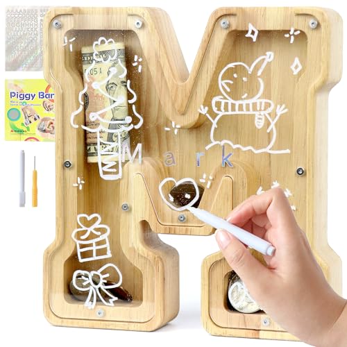 Lakpopya Tirelire Personnalisée en Bois de Lettres A à Z pour Enfant Fille Garçon - Transparente pour Billet, avec Autocollant Marqueur Tournevis (M)