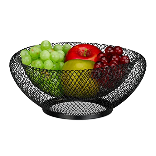 Relaxdays Centrotavola Portafrutta in Metallo, HxD: 10x25 cm, Cestino Rotondo a Doppia Parete per Frutta e Verdura, Nero