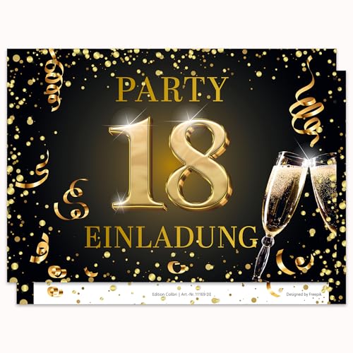 Edition Colibri Einladungskarten zum 18. Geburtstag, 10 Stück, Format A6, Karten-Set, zum Beschriften, Einladung, Party schwarz, gold (11169 DE)