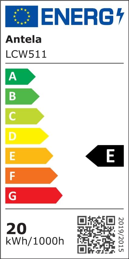 EU Energy Label for Antela LCW511, showing Energy Class E and 20 kWh/1000h consumption