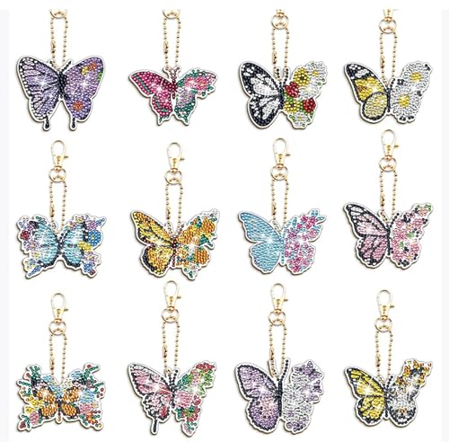 Amyaker ダイヤモンドアート キット 12個入 DIY キーホルダー 5Dダイヤモンド塗装キット ダイアモンドビーズ キーホルダー 両面全貼り付け DIY手作り キーホルダー 財布 キーペンダント バッグ 装飾用 蝶