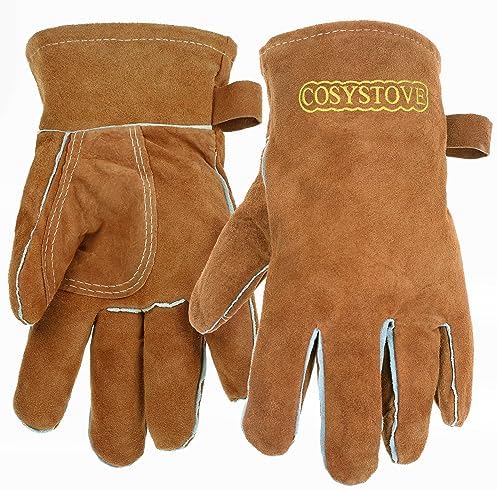 Genuine Full Leather Heavy Duty Heat Resistant Gloves for Woodburner, Multi-Fuel Stoves Heavy Duty Safety Gauntlet Also for BBQs Pizza Ovens