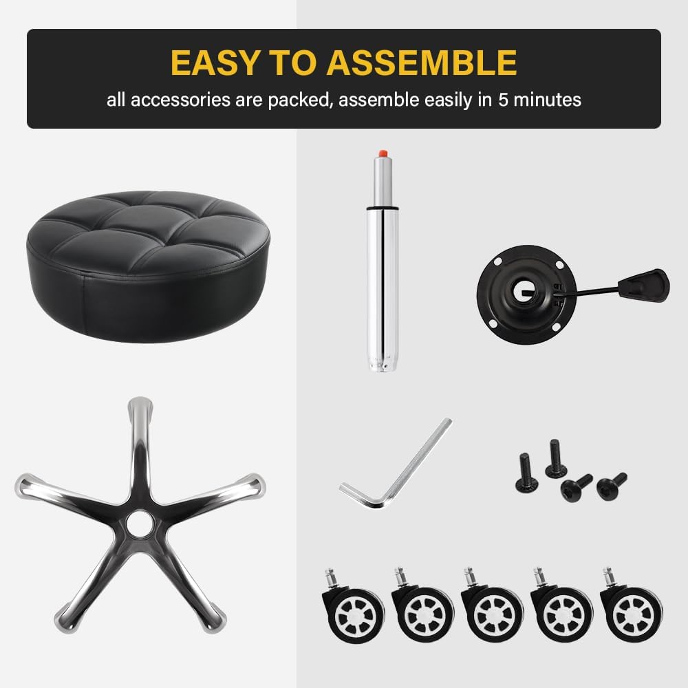 Heavy Duty Rolling Stool with Wheels Hydraulic Lift 360 Swivel Adjustable Rolling Chair Thick Leather Ergonomic Seat Stool Chair for Kitchen Drafting Lab Office Salon Massage Black