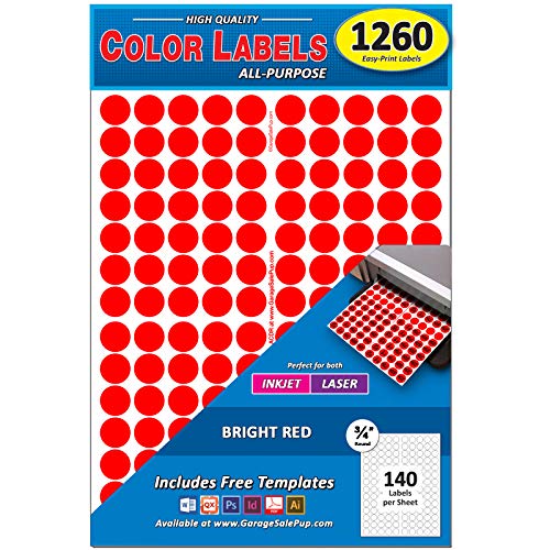 Pack of 1260 3/4" Round Color Coding Circle Dot Labels, Bright Red, 8 1/2" x 11" Sheet, Fits Any Printer