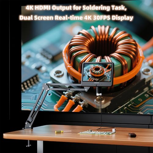4K 30FPS HDMI 10.1'' Digital Microscope with Screen for Electronics Repair, LM208S-A 4K Soldering Microscope Camera 1500X with Flex Arm Stand, Full View Coins, 3840P Video Audio Record, 64GB